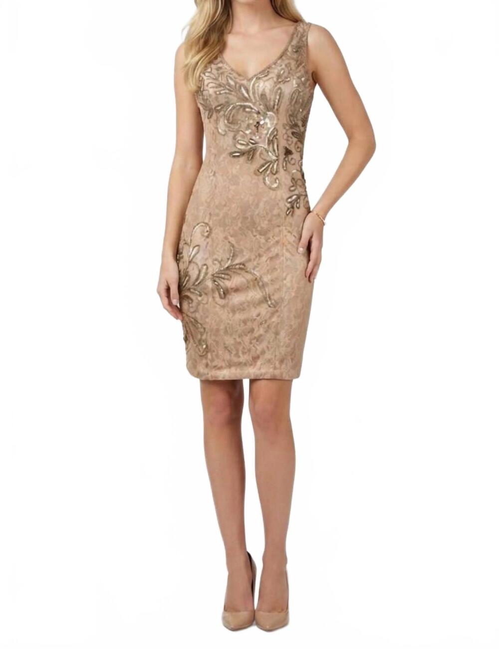 NEW SUE WONG sleeveless bodycon embellished lace dress in taupe
